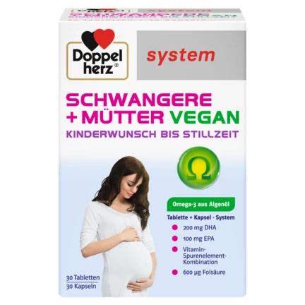 Abbildung der Produktverpackung Doppelherz system SCHWANGERE + MÜTTER VEGAN Frontansicht
